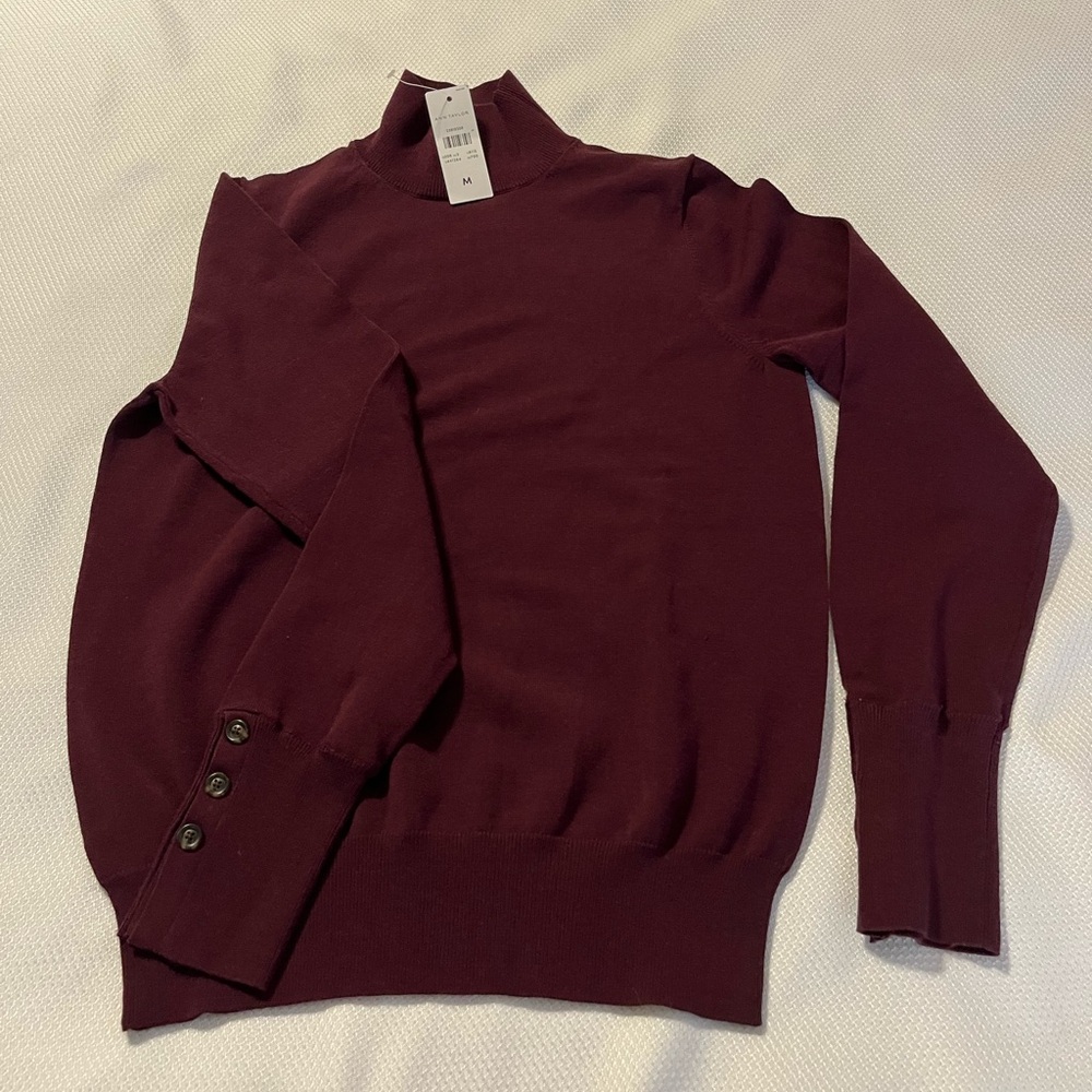 NWT Ann Taylor Maroon W/Button Cuff Detail Turtleneck Sweater - SIZE MEDIUM